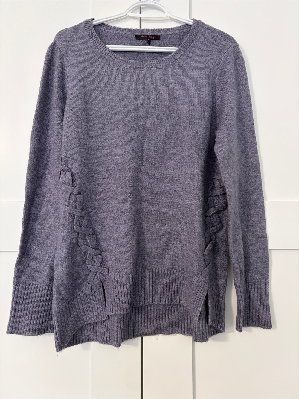 Olivia Sky Like New Purple Scoop Neck Sweater with Side Braid Accents